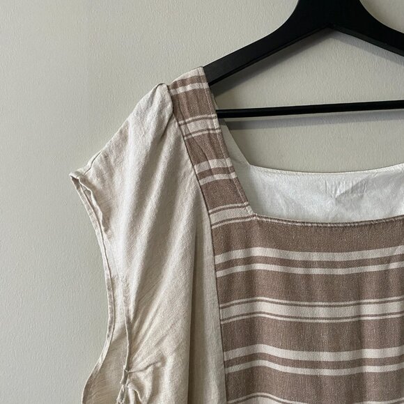 Handmade Plus Size Cotton Linen Patch Pockets Neutrals Brown Stripes Dress - Picture 4 of 15